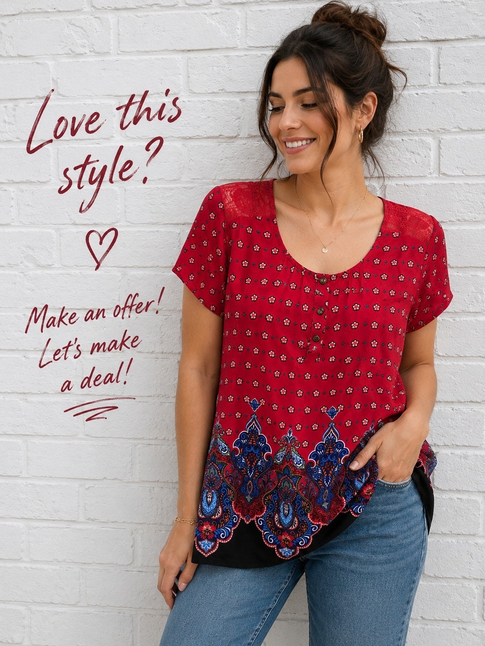 Claudia Richard Boho Paisley Border Print Lace Blouse Top L